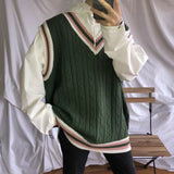 Aidase Sweater Vest Men Patchwork V-neck Colorful Sleeveless Knitted Tops Mens Waistcoats Loose Oversize Harajuku All-match sweaters