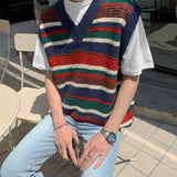 Aidase summer V-neck kintted vest contrast color stripe loose casual men's and women's sweater vests Korean trend clothing aidase-shop